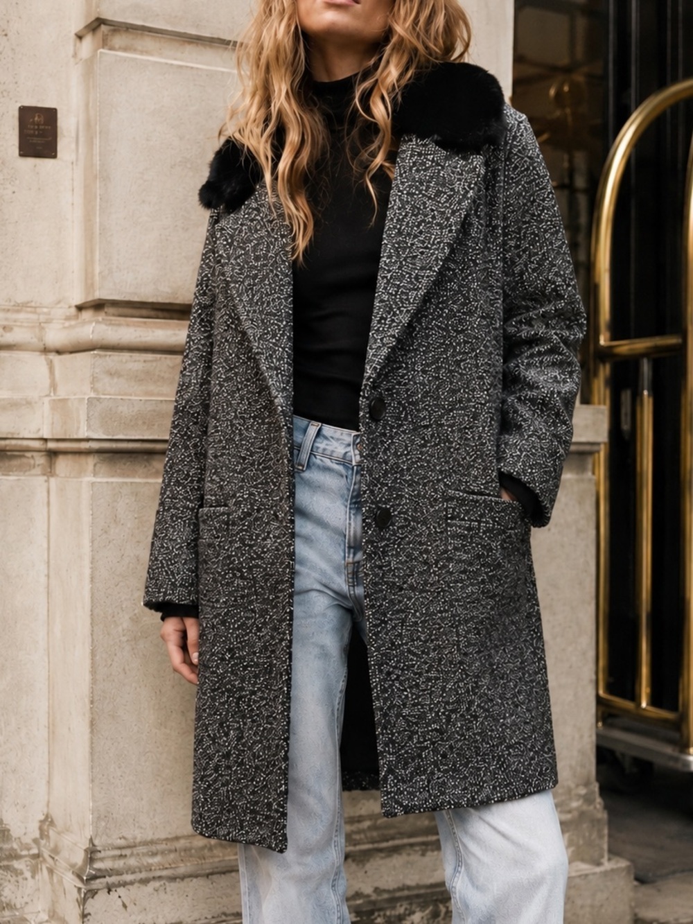 NWT Levi’s Mari Coat XL Chunky Twill Salt And Pepper Black Faux Fur
